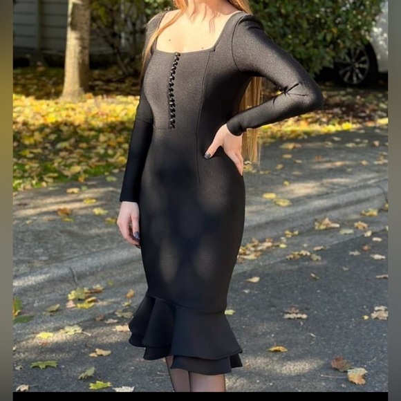 Women's Black Square Neck Button Front Stretch Outdoor Bodycon Dress Size Large - Picture 4 of 4